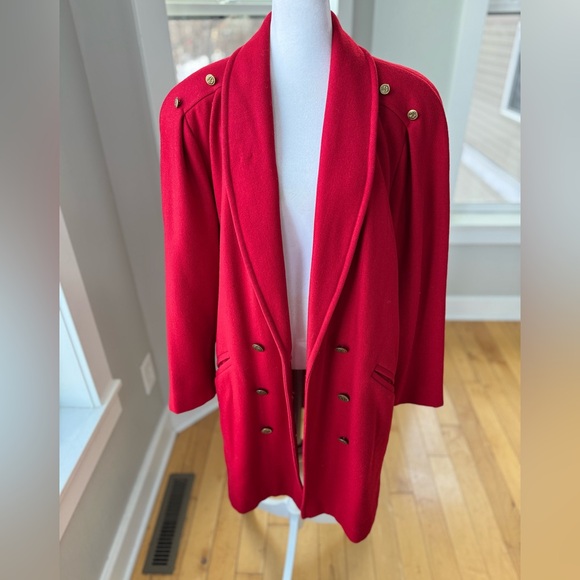 Vintage Michelle Stuart Cardinal Red Double Breast Shawl Collar Wool Trench Coat - Picture 2 of 16